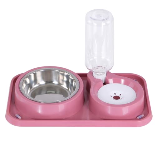 Dog Bowls, Non-Slip Puppy Cat Food and Water Bowl Set with Water Dispenser and Stainless Steel Bowl Detachable Gravity Pet Feeder and Waterer Set for Cats Dogs Puppy Rabbit (Pink, 500ML) - color: Pink, size: Water Capacity: 500ML