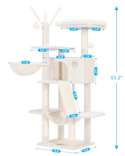 Hey-brother Cat Tree, 53 inch Cat Tower for Indoor Cats, Cat House with Padded Platform Bed, Toy Balls, Large Cozy Condo, Hammocks and Sisal Scratching Posts, Beige MPJ019-SM - color: Beige