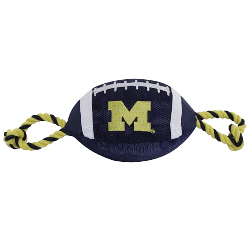 Pets First NCAA Michigan Wolverines Football Dog Toy, Tough Quality Nylon Materials, Strong Pull Ropes, Inner Squeaker, Collegiate Team Color, 1 Count (Pack of 1) - color: Michigan Wolverines