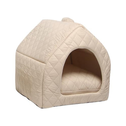 2-in-1 Indoor Cat House & Bed - Cozy Animal Cave & Tent for Large Cats & Small Dogs, Removable Washable Pillow Cushion Included(Khaki) - color: Khaki