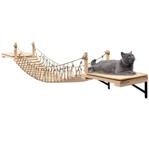 A.FATI Wall-Mounted Cat Roped Bridge Long for Indoor Cats, Cat Wall Shelves for Sleeping, Playing, Climbing, Wooden Cats Bed and Perches with Sisal Scratch Mat