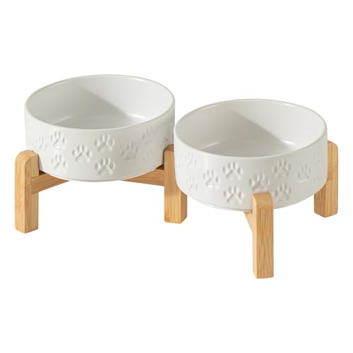 Elevated Ceramic Dog Bowl Set, 5.1" Dog Bowls with Dual Fixed Heights Stand, Elevated Food & Water Bowls for Adult Cats, Small-Breed Puppies, Non-Slip (Double Bowls + Stand - White, 5.1 inch) - color: Double Bowls + Stand - White, size: Xs - 5.1 Inch