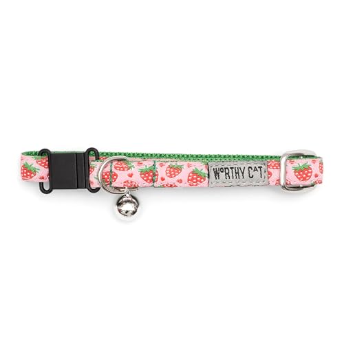 THE WORTHY DOG Characters Strawberries Cat Collar with Bell, Adjustable Nylon Safety Collar, Pink, One Size - color: Pink-Strawberries
