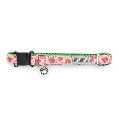 THE WORTHY DOG Characters Strawberries Cat Collar with Bell, Adjustable Nylon Safety Collar, Pink, One Size - color: Pink-Strawberries