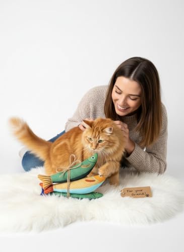Cat Toy Saury Fish, 3-Pack (Green, Yellow, Orange), Catnip & Bell Sound, Soft & Durable, Interactive Kitten Toy for Indoor Cat Exercise, 8.7 Inches, Suitable for All Cat Breeds