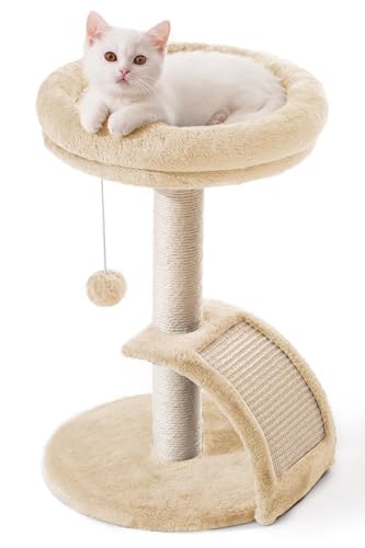 Goozii Cat Scratching Post Tower for Indoor Cats, Small Cat Tree Tower with Bed and Hanging Ball Toys, Short Modern Carpet Kitten Scratcher Stand with Large Round Perch and Scratch Ramp (Beige) - color: Beige, size: Small