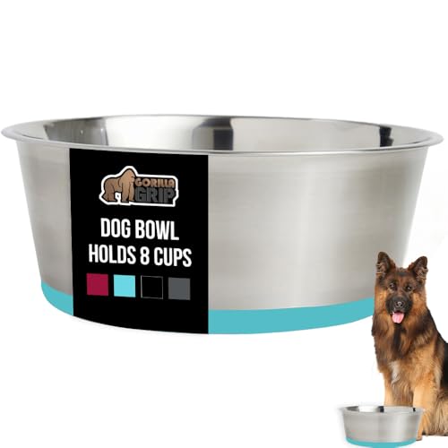 GORILLA GRIP Dog Bowl, Holds 8 Cups (64 fl oz), Food Grade 304 Stainless Steel Food and Water Bowl for Feeding Dogs and Cats, BPA Free Rubber Base, Easy Clean, Dishwasher Safe Rust Resistant Turquoise - color: Turquoise, size: 8 Cup (64 Oz)