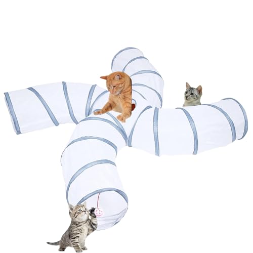 EGETOTA Cat Tunnel for Indoor Cats Large, with Play Ball S-Shape 4 Way Collapsible Interactive Peek Hole Pet Tube Toys, Puppy, Kitty, Kitten, Rabbit (S4 - White & Grey) - color: S4 - White & Grey