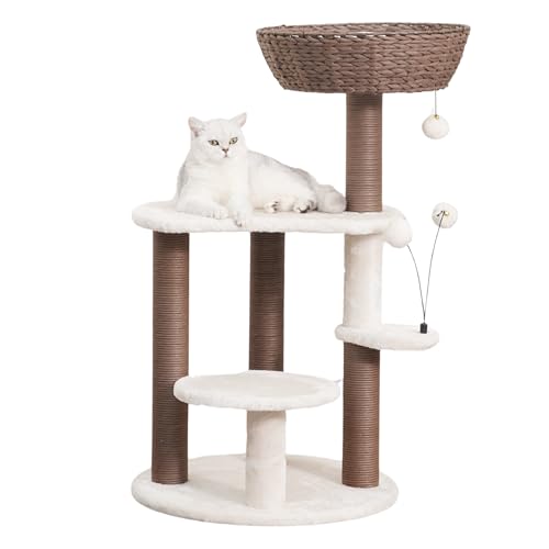 PetPals 5-Level 35" Cat Tree Tower with Paper Handwoven Basket Bed,Multi-Level Climbing Activity Tower with Replaceable Paper Rope Scratching Posts (Cream and Brown) - color: Cream and Brown