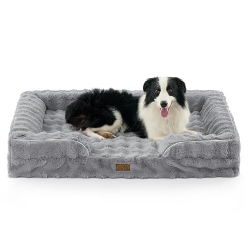 COZY KISS Orthopedic Dog Bed for Extra Large Dog, Soft and Warm Faux Fur Sofa for Giant Pet Up to 150 lbs, Foam Bolster Anti-Slip Couch with Washable Removable Cover, XXL 48x35x8 inch, Grey - color: Grey, size: 48x35x8 inch