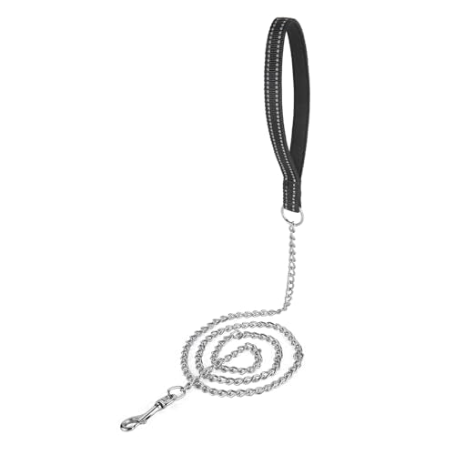 Chew Proof Metal Chain Leash,Nylon Handle with Soft Neoprene Padding and Reflective Stripe for Medium Dogs.(M, Black Handle) - color: Reflective Black, size: Medium