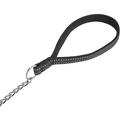 Chew Proof Metal Chain Leash,Nylon Handle with Soft Neoprene Padding and Reflective Stripe for Medium Dogs.(M, Black Handle) - color: Reflective Black, size: Medium