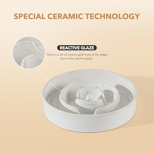 Havniva 1.2 Cup Elevated Slow Feeder Dog Bowls, 7.3” Dog Slow Feeding Bowls + 6.1” Ceramic Dog Water Bowls Set with Acacia Wood Stand, Dog Food Bowls Puzzle Feeder for Small Dogs Non-Slip Anti-choking - color: 2 x White + Stand - A, size: M- 7.3inch / 1.2