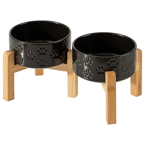 Elevated Ceramic Dog Bowl Set, 6" Dog Bowls with Dual Fixed Heights Stand, 3.5 Cup Food and Water Bowls for Small Breed Dogs, Microwave Safe (Double Bowls + Stand - Black, 6 inch) - color: Double Bowls + Stand - Black, size: S - 6 Inch