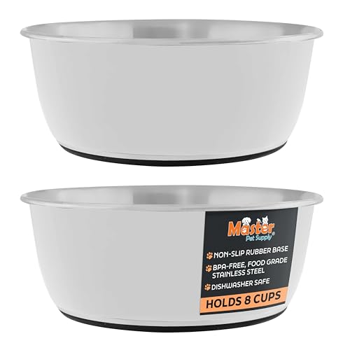 Master Pet Supply Stainless Steel Dog Bowls Set of 2 (64 Oz Each) with Non-Slip Rubber Base - Bone White - Basic Dog Food Bowl Water & Food Bowls for Small Medium Large Dogs & Cats, Metal Dish - color: Bone White, size: 8 Cups (64 oz) 2 Pack