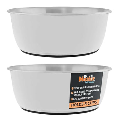 Master Pet Supply Stainless Steel Dog Bowls Set of 2 (64 Oz Each) with Non-Slip Rubber Base - Bone White - Basic Dog Food Bowl Water & Food Bowls for Small Medium Large Dogs & Cats, Metal Dish - color: Bone White, size: 8 Cups (64 oz) 2 Pack