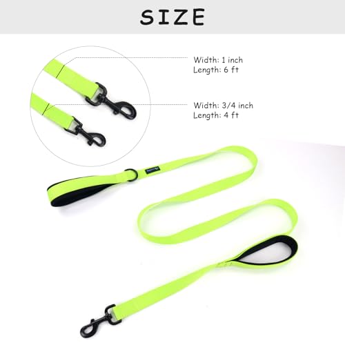 Wagtime Club Double Handle Dog Leash, 6ft Long Heavy Duty Dog Leash with Paded Traffic Handles for Extral Control and Training, Dual Handles Leads, Large Medium Small Dogs (Neon Green) - color: Neon Green