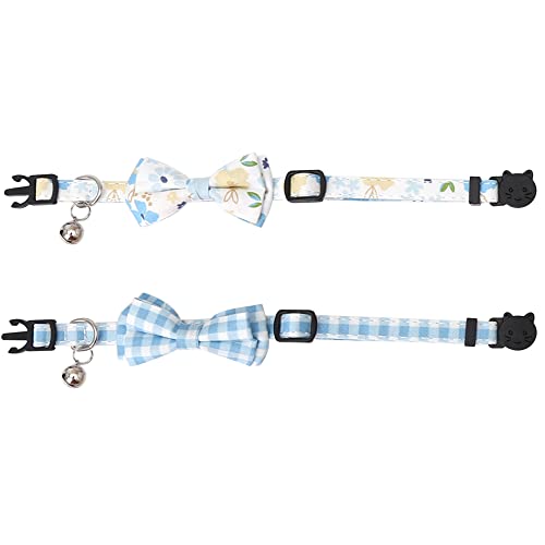 2 Pack/Set Cat Collar Breakaway with Cute Bow Tie and Bell Plaid Flower for Kitty Adjustable Safety - color: Blue-2