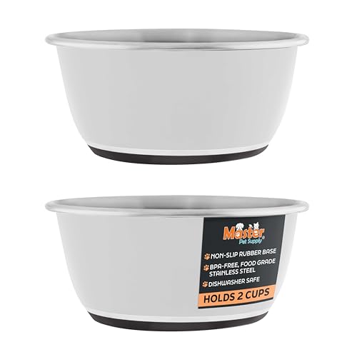 Master Pet Supply Stainless Steel Dog Bowls Set of 2 (16 Oz Each) with Non-Slip Rubber Base - Bone White - Basic Dog Food Bowl Water & Food Bowls for Small Medium Large Dogs & Cats, Metal Dish - color: Bone White, size: 2 Cups (16 oz) 2 Pack