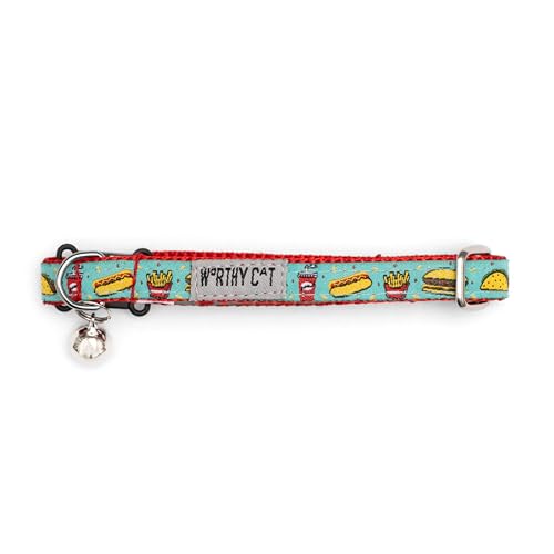 THE WORTHY DOG Patterned Food Fest Cat Collar with Bell, Adjustable Nylon Safety Collar, Turquoise, One Size - color: Turquoise-Food Fest