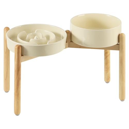 Havniva 9.5” Raised Slow Feeder Dog Bowls Set, 3.2 Cups Ceramic Slow Feeder Dog Bowl and 8.2” Dog Water Bowl with Elevated Wooden Stand Puzzle Dog Food Bowl for Large Dogs Anti-Gulping & Anti-Choking - color: 2 x Light Yellow+Stand-A, size: 9.5inch
