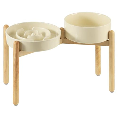 Havniva 9.5” Raised Slow Feeder Dog Bowls Set, 3.2 Cups Ceramic Slow Feeder Dog Bowl and 8.2” Dog Water Bowl with Elevated Wooden Stand Puzzle Dog Food Bowl for Large Dogs Anti-Gulping & Anti-Choking - color: 2 x Light Yellow+Stand-A, size: 9.5inch