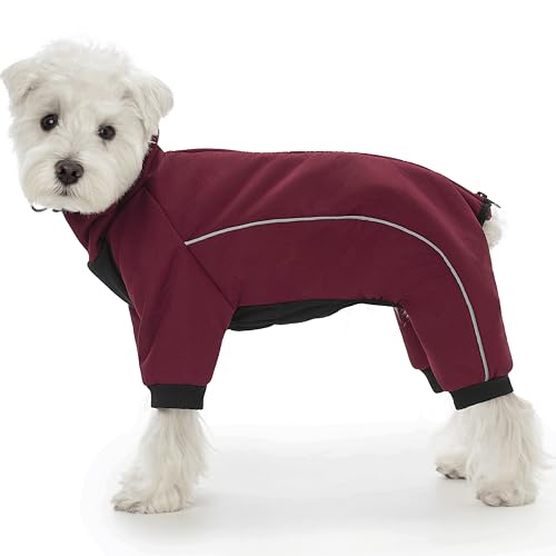 Four Leged Dog Winter Coat, Fullbody Warm Fleece Dog Jacket, Reflective Puppy Cold Weather Coats with Leash Hole & Drawstring, Back Zipper Water-Resistant Doggie Winter Clothes - color: Dark Red, size: Large