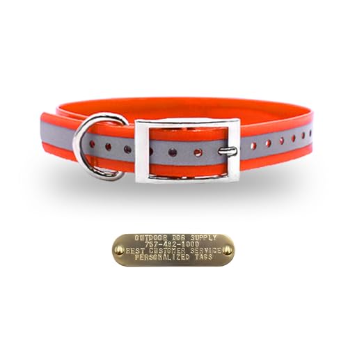 Outdoor Dog Supply Personalized 1" Reflective Orange Extra Long D-Ring Dog Collar with Custom 3/4" Brass Nameplate | Waterproof, Odor-Resistant, Adjustable for Large and Giant Breed Dogs - color: Orange