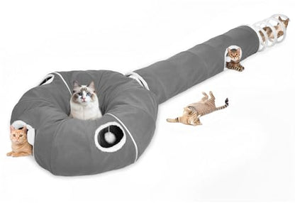 Ownpets 2-in-1 Cat Tunnel, Large Lollipop Shape Cat Tunnel Toy with Fluffy Balls, Spiral Toy, Plush Collapsible Cat Cave Hideout Donut Tunnel for Multi Kitten Puppy Rabbit (Grey) - color: Grey