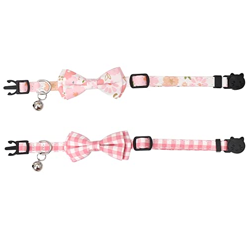2 Pack/Set Cat Collar Breakaway with Cute Bow Tie and Bell Plaid Flower for Kitty Adjustable Safety - color: Pink