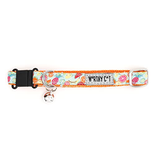 THE WORTHY DOG Tutti Frutti Cat Collar with Bell, Adjustable Nylon Safety Collar, Blue, One Size - color: Blue-Tutti Frutti