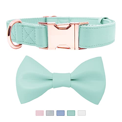 Soft Leather Bowtie Dog Collar - Adjustable Cute Bow Tie Collar [Easy to Clean] with Stylish Rose Gold Heavy Duty Metal Buckle for Small Medium Large Dogs Mint Green M - color: Mint Green, size: M(13.8"-19.7")