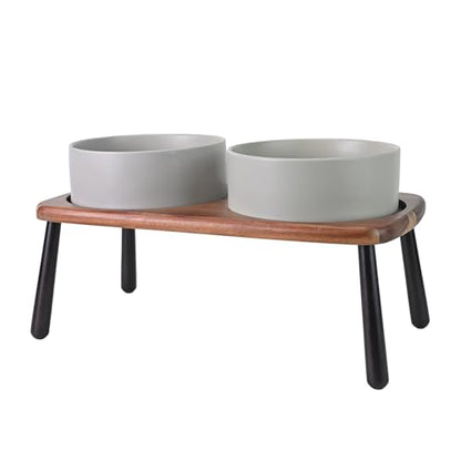 SPUNKYJUNKY Ceramic Elevated Dog Bowls Raised with Acacia Bamboo Wooden Stand, 8.3'' Dog Food Water Bowls Set Non-Slip for Medium Large Sized Breed Microwave Dishwasher Safe - 60 OZ,Grey - color: Grey, size: 8.3 in - Dual