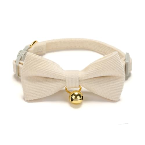 Soft Corduroy Cat Collar, Plaid Pattern, with Bell and Bowtie, Safety Breakaway Clasp, Adjustable for Kitten and Cats White Color. - color: White