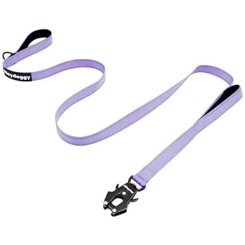 Strong Heavy Duty Dog Leash - 5ft Reflective Nylon Training Leash with Soft Padded Double Handle & Auto Lock Frog Clip, Safety Traffic Control for Large Medium Small Dogs No Pull Walk Light Purple,5ft - color: Light Purple, size: 5FT x 1" x 2.8MM