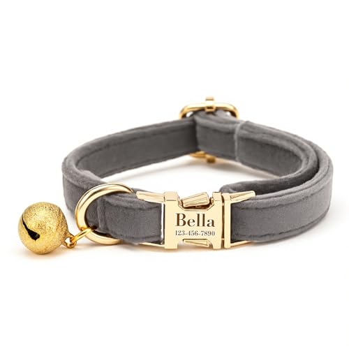 Custom Cat Collar with Bells Personalized Small Cat Collar Engraved Name & Phone Number with Secure Metal Quick-Release Buckle Adjustable (Light Gray) - color: Light Gray