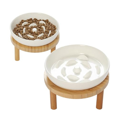 Raised Slow Feeder Cat Bowl, 5.9 Inch Wide Shallow Ceramic Elevated Glass Food Bowl Puzzle Feeders, Anti Vomit Cat Dish, Whisker Friendly Pet Plates Feeding Station for Cats(2 Slow Feeder) - size: 2 Slow Feeder
