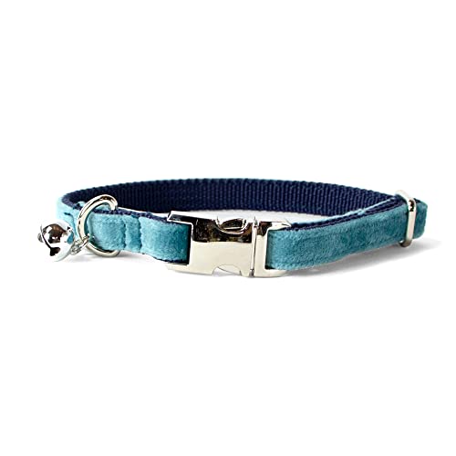 Sam & Maui Velvet Adjustable Cat Collar with Metal Silver Chrome Buckle and Bell Teal C - color: Teal