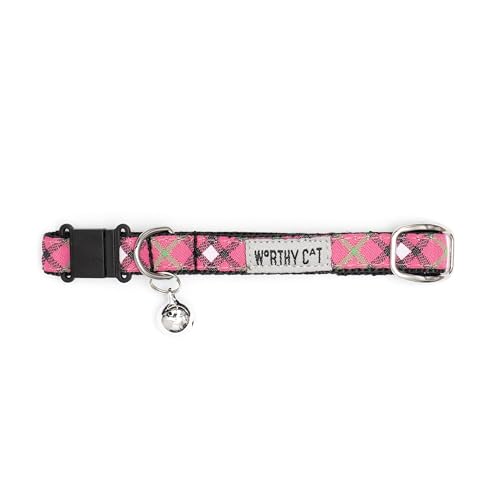 THE WORTHY DOG Patterned Bias Plaid Cat Collar with Bell, Adjustable Nylon Safety Collar, Hot Pink, One Size - color: Hot Pink-Bias Plaid