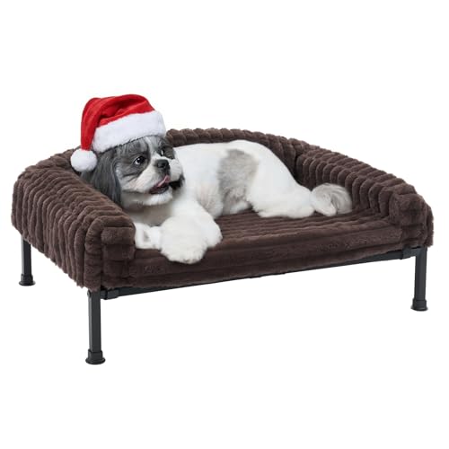 Veehoo Elevated Dog Bed with Bolster Cushion, Fluffy Plush Dog Couch Beds for Small Dogs, Cats, Washable Raised Pet Cot with Non-Slip Feet for Indoor or Patios Use, 30 x 20 Inches, Brown - color: Brown, size: 30.0"L x 20.0"W x 8.3"Th