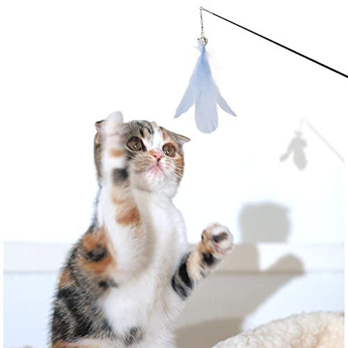Retractable Cat Teaser Wand, 38.8in Telescopic Feather Toy with Carbon Fiber Rod and Bell for Indoor Kittens (Blue) - color: Blue