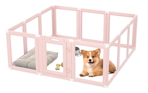 DIY Clear Acrylic Dog Playpen Indoor, Transparent Easy Cleansing Puppy Fence with Suction Cup, Easy-Assemble Indoor Whelping Crate for Small Puppies (23.6" H, 12PCS), Pink - color: Pink, style: 12PCS