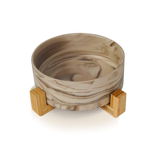YOBRO Large Dog Bowl with Stand, 8" Non-Slip Ceramic Food or Water Bowl for Large Breed Dogs, Wide Open for Multiple Dogs, Modern Marble Design, Brown