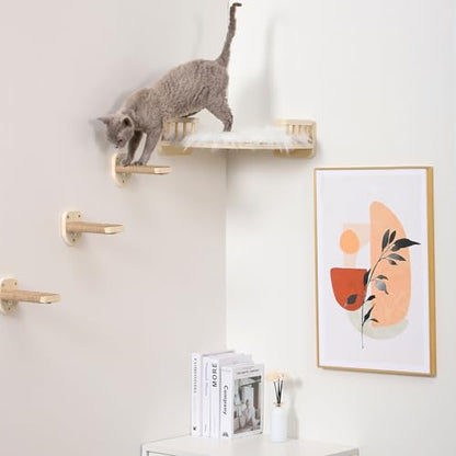 Cat Wall Shelves with 3 Steps Scratch Post, Climbing Shelf and Hammock for Indoor Cats (Wood)