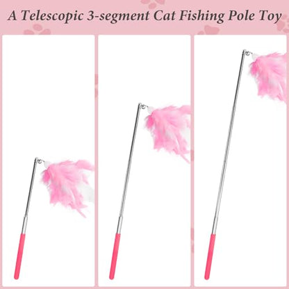 Andiker 5Pcs Retractable Cat Wand Toy, Cats Toy Set Contains 1 Feather Teaser & 3 Replaceable Tassels with Bell Stimulate Cats Hunting and Chasing Instincts Interactive Cat Toys (Pink) - color: Pink