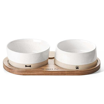 LE TAUCI PET Ceramic Dog and Cat Bowls Set with Acacia Wood Tray - 2 Cup Weighted Non-Slip Food and Water Dishes for Small Dogs & Cats, Pet Bowl Set of 2 - size: S-2 Cups