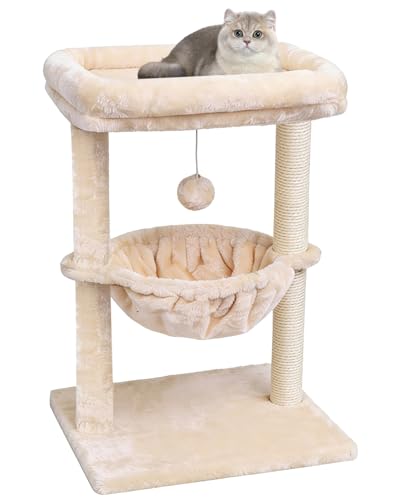 SYANDLVY Small Cat Tree for Indoor Cats, Activity Cat Tower with Scratching Post for Kittens, Cat Furniture with Basket & Hanging Ball for Play Rest, Beige - color: Beige
