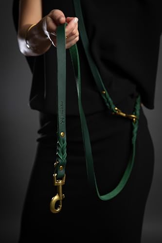 NOAH & PAW Leather Dog Leash, Premium Oil-Waxed Leather Braided, 8 ft Long Dog Leash with 6 Ways to Use Hands-Free, Quick-tie, Double Pet Lead Etc. Matching Collar Available. (Dark Green) - color: Dark Green