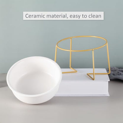 White Large Ceramic Tilted Elevated Cat Dog Bowl Raised Cat Food Water Bowl Dish Pet Comfort Feeding Bowls with Gold Iron Stand - color: White, size: Large
