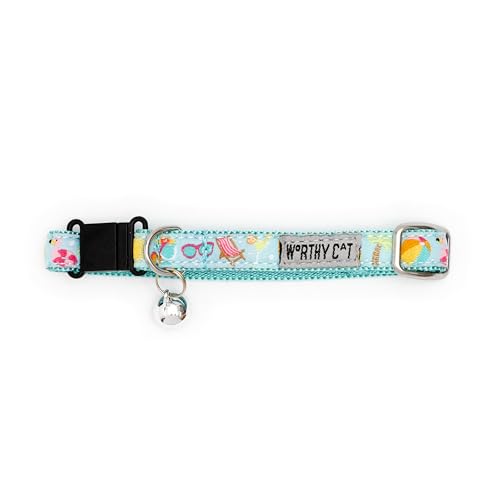 THE WORTHY DOG Life's a Beach Cat Collar with Bell, Adjustable Nylon Safety Collar, Mint Green, One Size - color: Mint Green-Life's a Beach